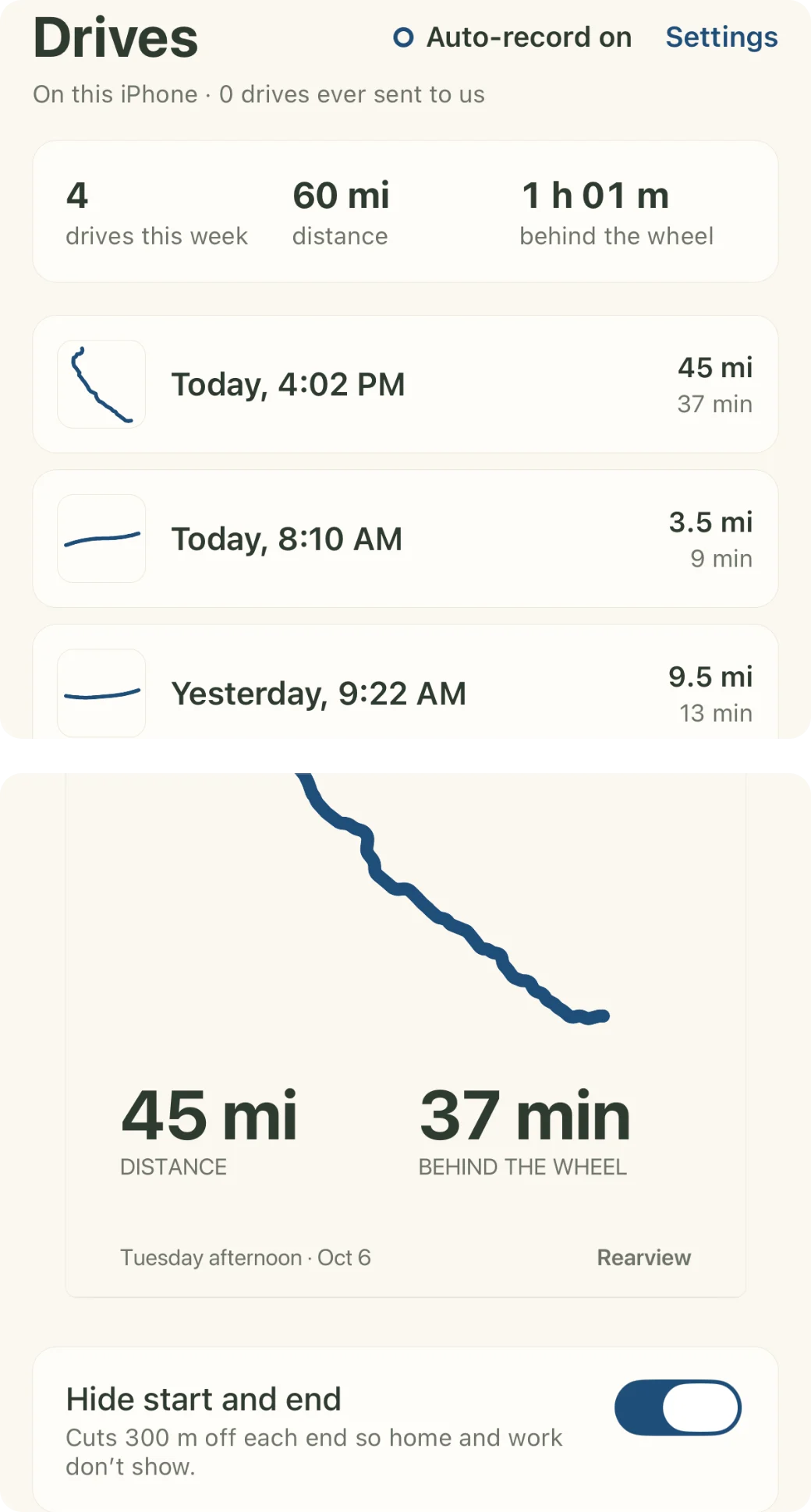 Dos pantallas de una compilación de iOS sin publicar, con trayectos de demostración. A la izquierda: la lista Drives, marcada “Auto-record on” y “On this iPhone · 0 drives ever sent to us”, con un resumen de la semana (4 trayectos, 60 mi y 1 h 01 m al volante) y los trayectos de hoy a las 4:02 PM (45 mi, 37 min) y a las 8:10 AM (3.5 mi, 9 min), y el de ayer a las 9:22 AM (9.5 mi, 13 min). A la derecha: una imagen para compartir con la línea de la ruta sobre un fondo liso, 45 mi y 37 min al volante, fechada “Tuesday afternoon · Oct 6”, sobre el interruptor “Hide start and end”, que recorta 300 m de cada extremo para que no se vean la casa ni el trabajo.