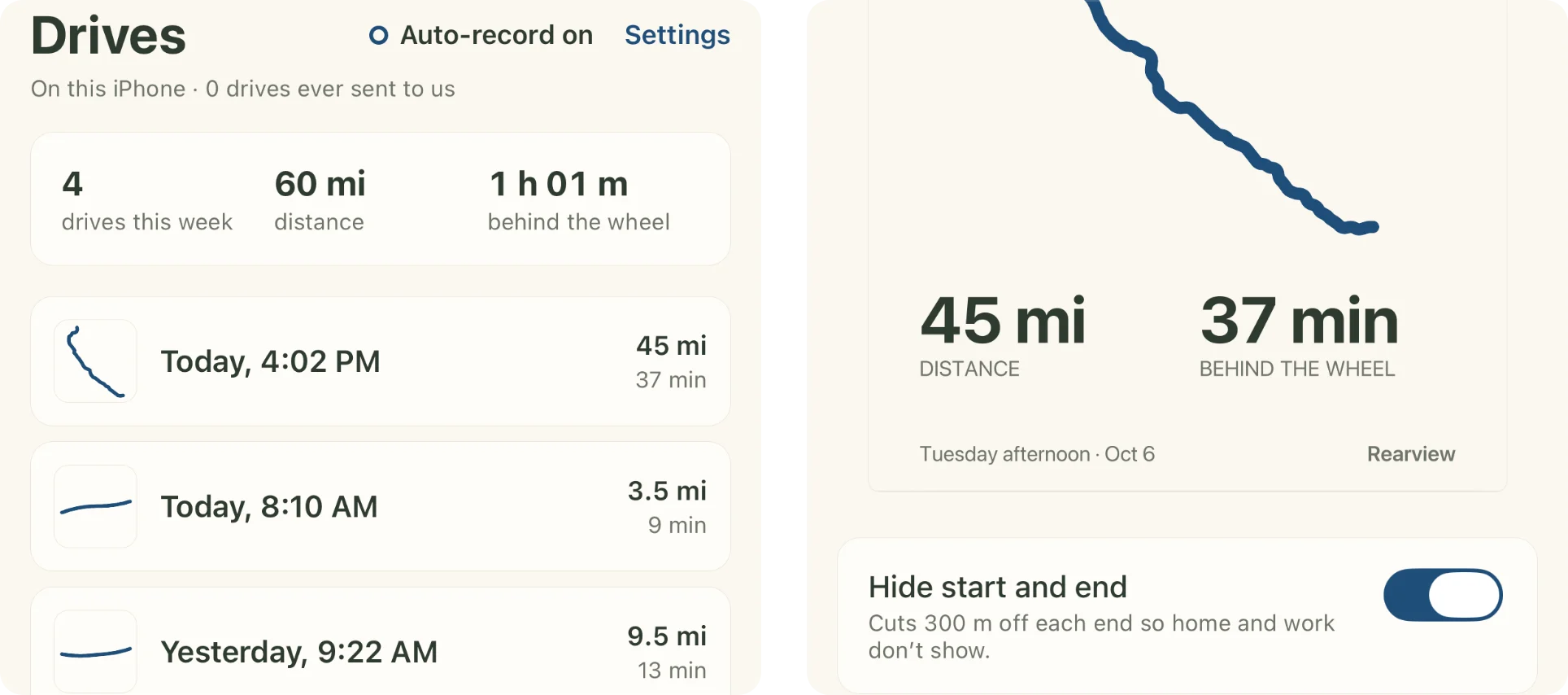 Dos pantallas de una compilación de iOS sin publicar, con trayectos de demostración. A la izquierda: la lista Drives, marcada “Auto-record on” y “On this iPhone · 0 drives ever sent to us”, con un resumen de la semana (4 trayectos, 60 mi y 1 h 01 m al volante) y los trayectos de hoy a las 4:02 PM (45 mi, 37 min) y a las 8:10 AM (3.5 mi, 9 min), y el de ayer a las 9:22 AM (9.5 mi, 13 min). A la derecha: una imagen para compartir con la línea de la ruta sobre un fondo liso, 45 mi y 37 min al volante, fechada “Tuesday afternoon · Oct 6”, sobre el interruptor “Hide start and end”, que recorta 300 m de cada extremo para que no se vean la casa ni el trabajo.