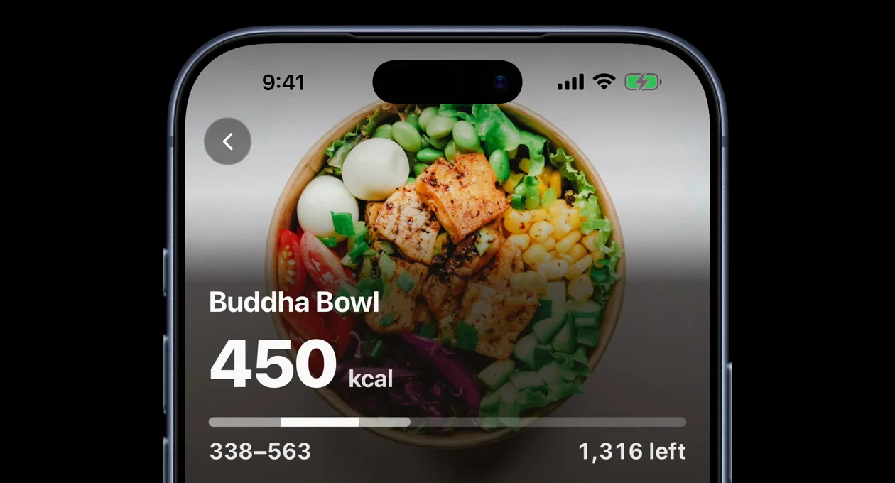 The app finishing a scan of a Buddha Bowl: it reports 450 kcal, and prints the 338–563 kcal range that number came from.