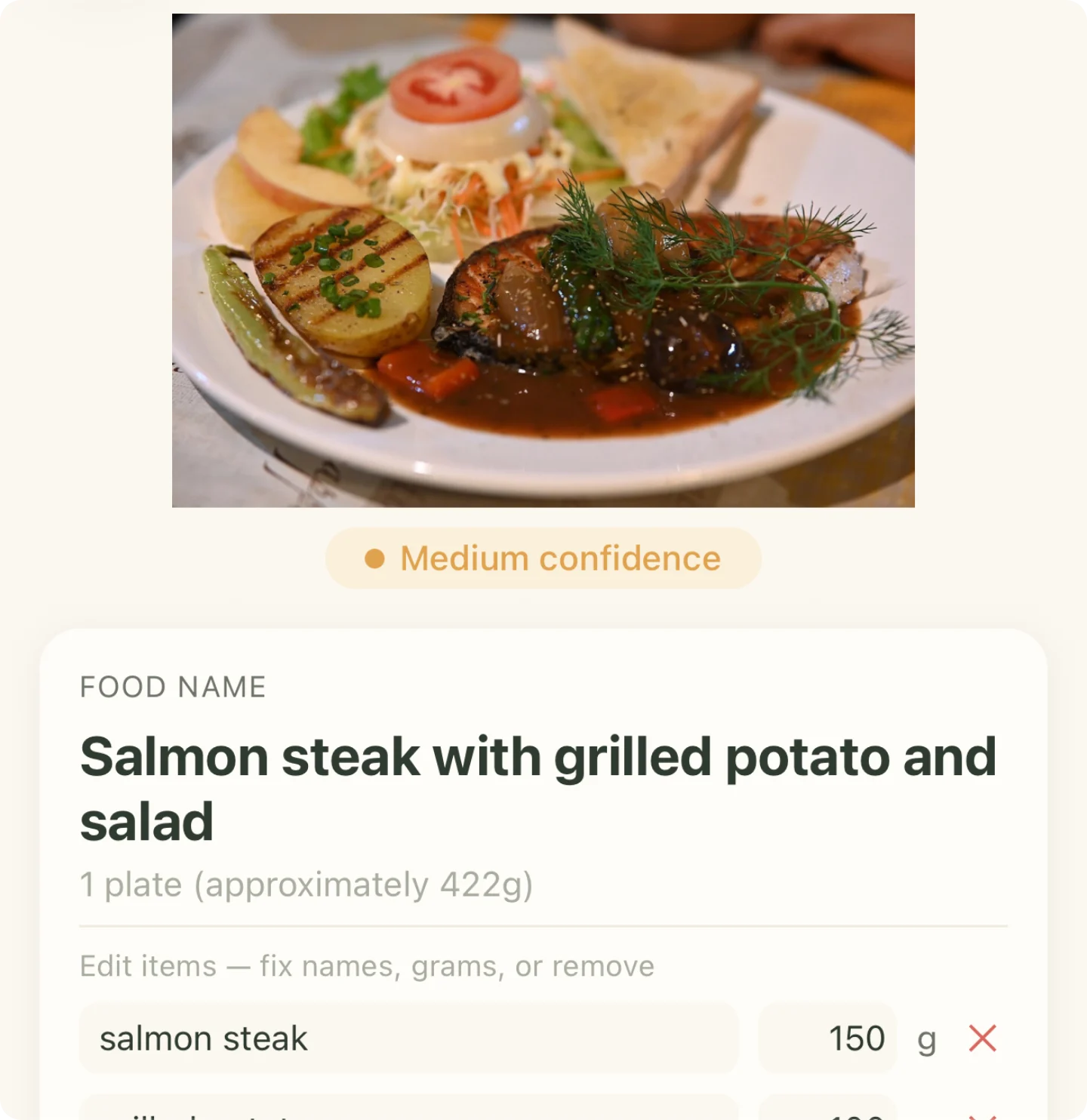 Two real screens from AI Calorie Camera: an AI scan result showing the photo, a “Medium confidence” label and per-item grams; and the nutrition panel printing an estimated range of 413–688 kcal around the 550 kcal it reports.