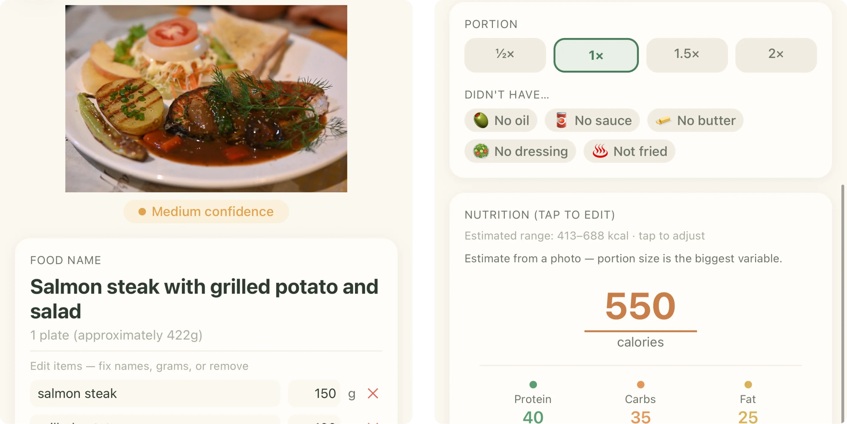 Two real screens from AI Calorie Camera: an AI scan result showing the photo, a “Medium confidence” label and per-item grams; and the nutrition panel printing an estimated range of 413–688 kcal around the 550 kcal it reports.