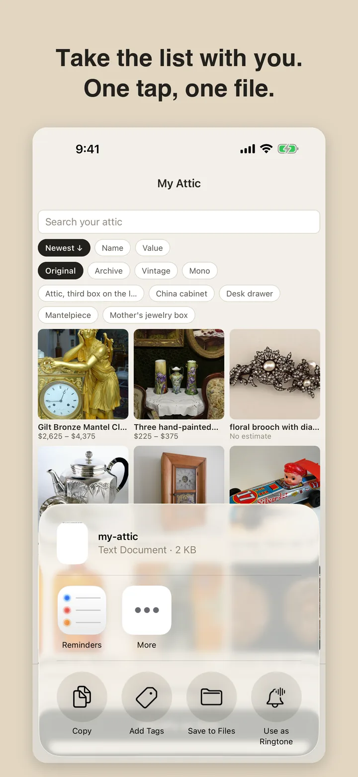 Take the list with you. One tap, one file.