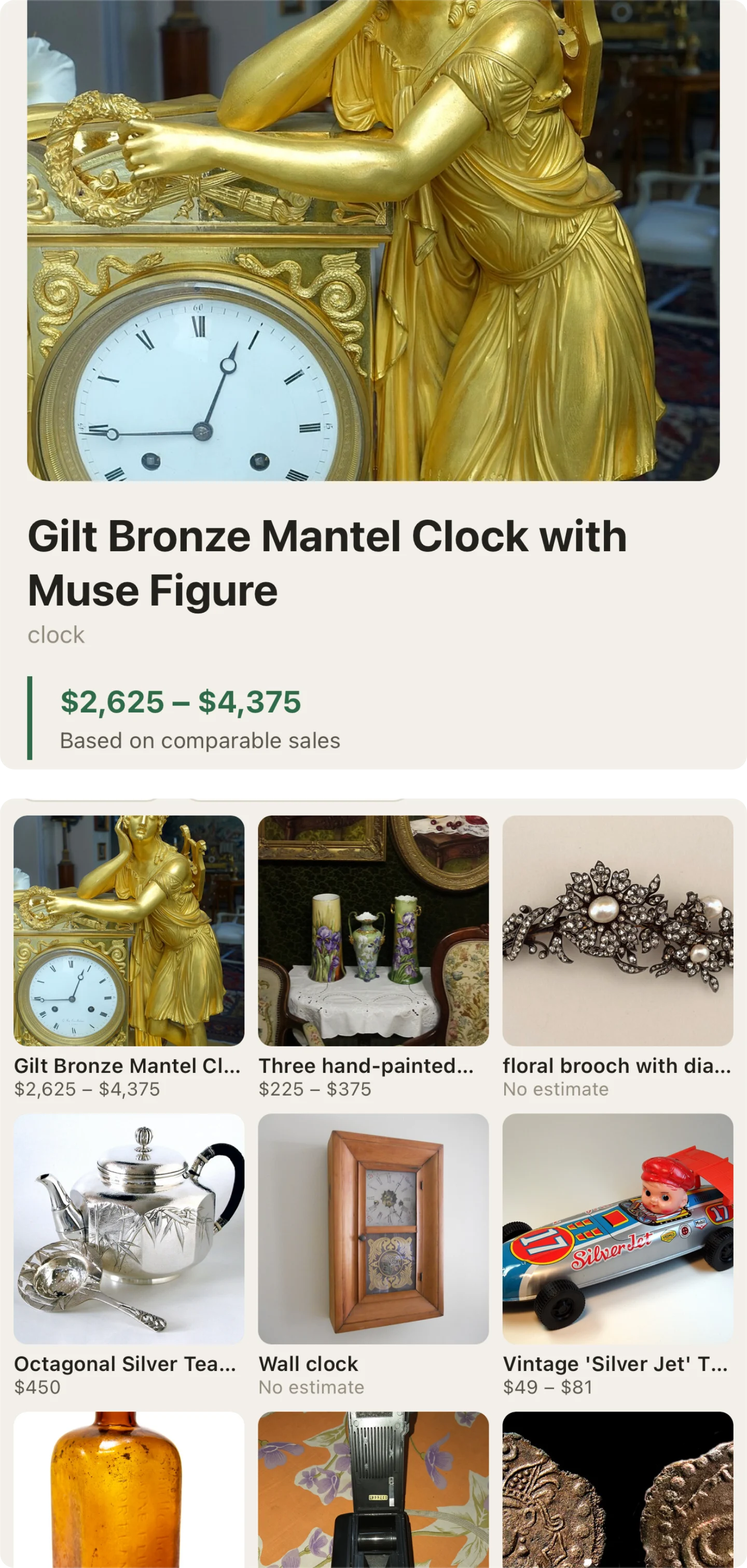 Two real screens from Attic: an identification result for a gilt bronze mantel clock with a muse figure, valued at $2,625–$4,375 “based on comparable sales”; and the collection wall, a grid of nine photographed objects where two of them read “No estimate” instead of a price.