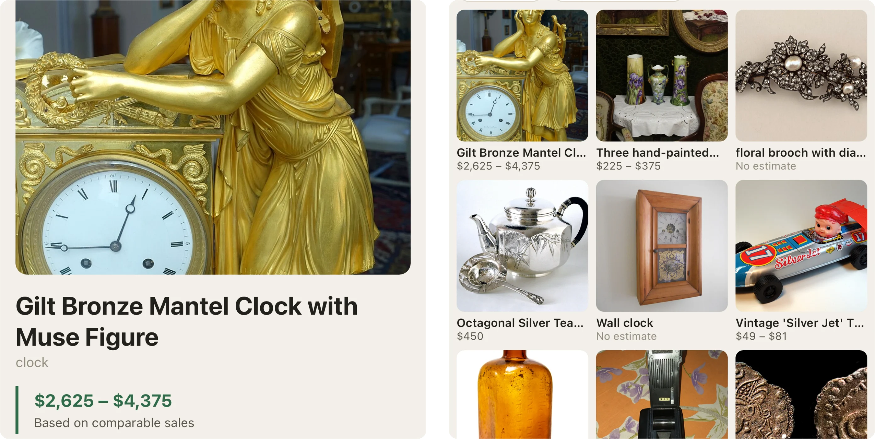 Two real screens from Attic: an identification result for a gilt bronze mantel clock with a muse figure, valued at $2,625–$4,375 “based on comparable sales”; and the collection wall, a grid of nine photographed objects where two of them read “No estimate” instead of a price.