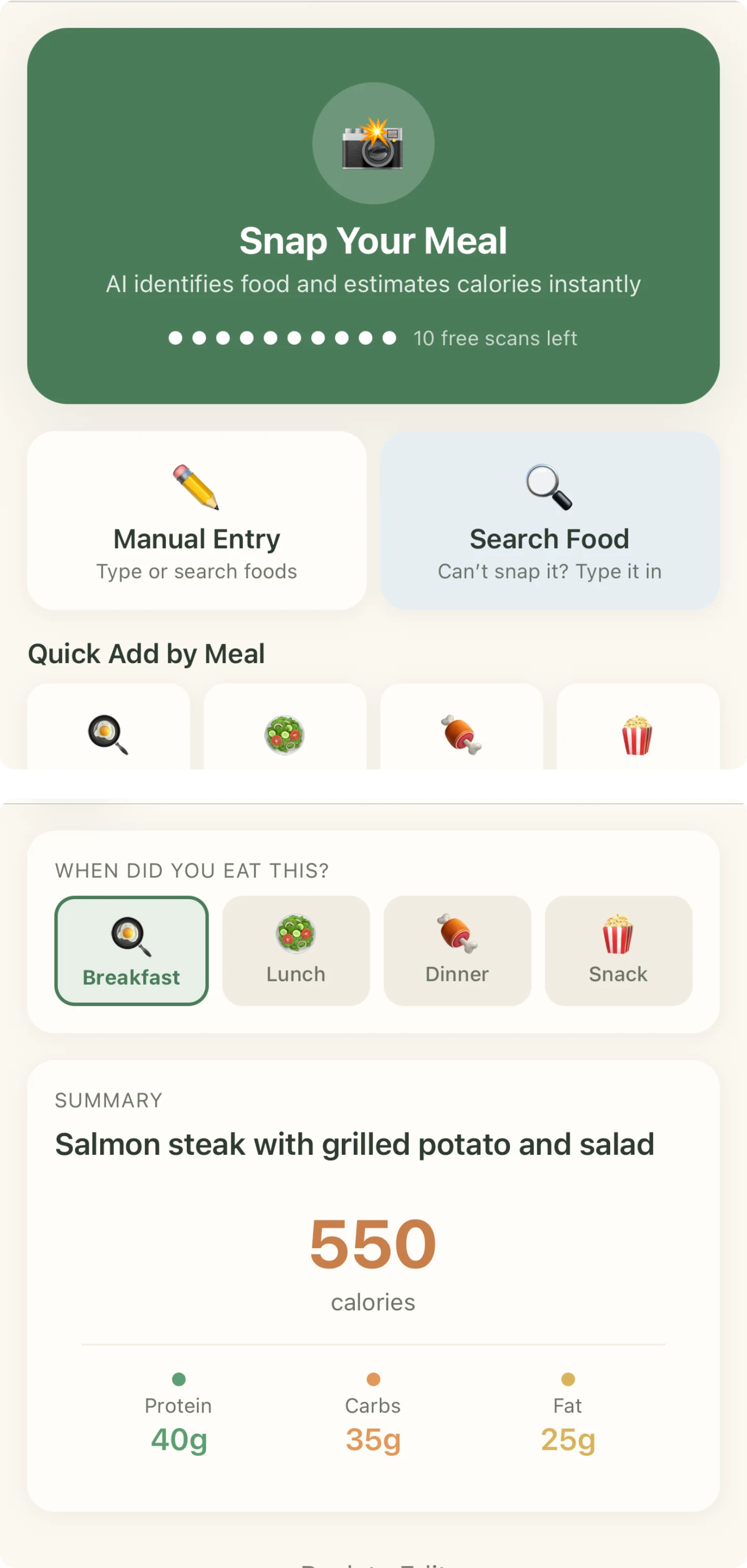 Two real screens from AI Calorie Camera: the Log Meal home with a “Snap Your Meal” card reading “10 free scans left”; and the AI Scan summary printing 550 calories for a salmon steak with grilled potato and salad, broken into 40g protein, 35g carbs and 25g fat.