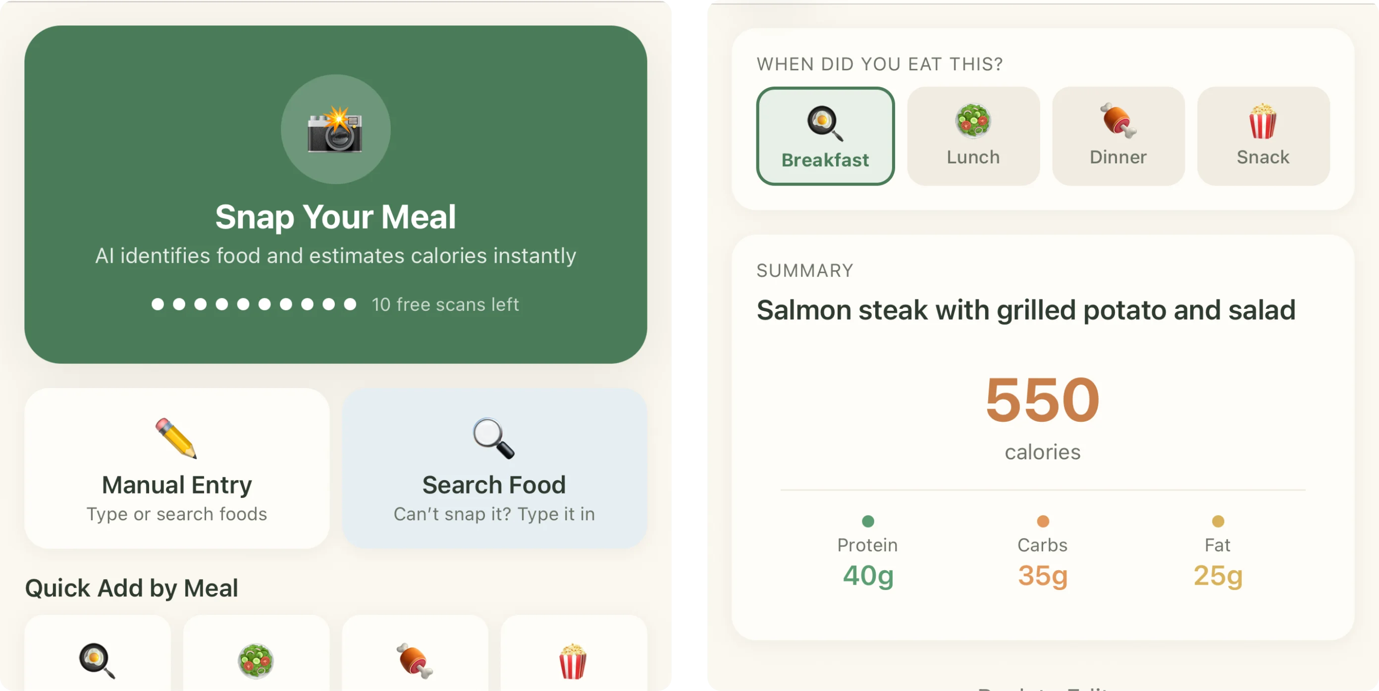 Two real screens from AI Calorie Camera: the Log Meal home with a “Snap Your Meal” card reading “10 free scans left”; and the AI Scan summary printing 550 calories for a salmon steak with grilled potato and salad, broken into 40g protein, 35g carbs and 25g fat.